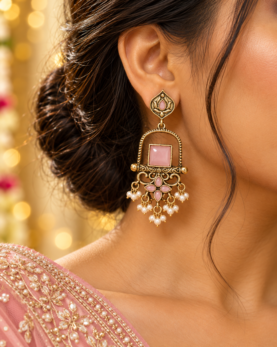 Pink Square Stone Earrings