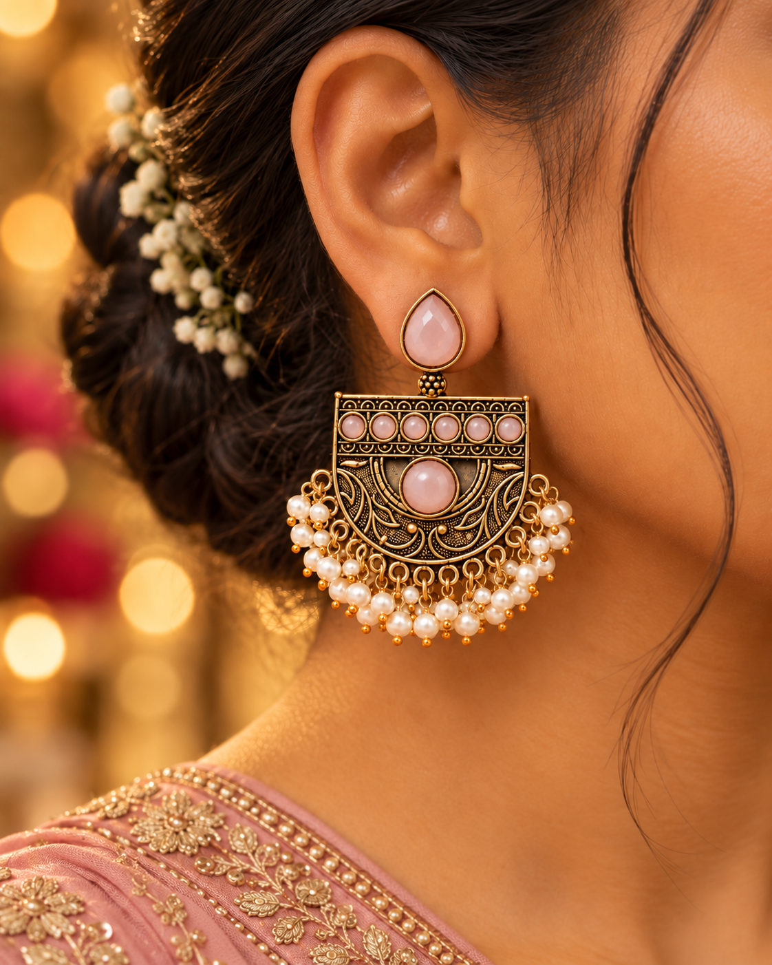 Pink Pearl Jhumka Earrings